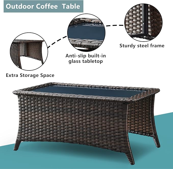 Rilyson Wicker Outdoor Patio Furniture Set - 6 Piece Patio Conversation Sets with Swivel Rocker Chairs, Ottomans, Sofa and Coffee Table, 6 inch Cushions, Deep Seating, for Porch Deck Brown/Blue