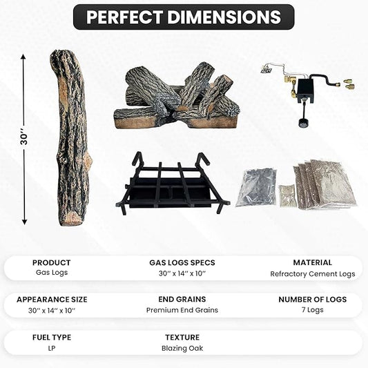 30" Premium Gas Logs - Safety Pilot Light Kit Included - for Liquid Propane Vented Fireplaces - Blazing Oak Design (Logs + Safety Pilot Light Kit)