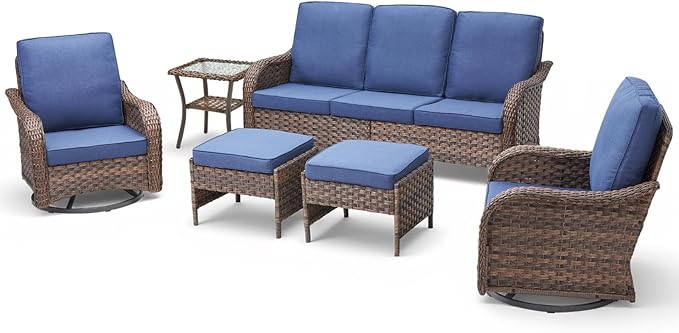 6 Piece Outdoor Patio Wicker Furniture Sets-High Back Patio Conversation Set with Rattan Sofa, Wicker Swivel Rocker Patio Chairs and Thick Cushions Ottomans for Porch Balcony Patio Deck Brown/Blue