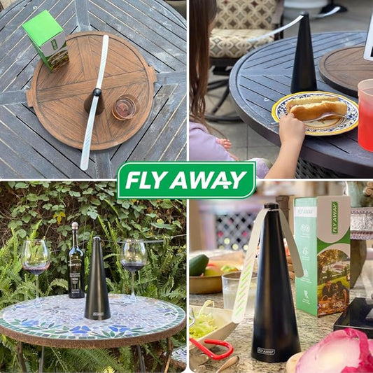 Fly Away - 4 Pack Outdoor Fly Repellent Fan, Outside or Inside Table use, Restaurant, Barbeque, Events, Deter Flies, Wasps, Bees, Other Moscas and Bugs Away, Battery Operated, Tabletop, Hanging Hook.