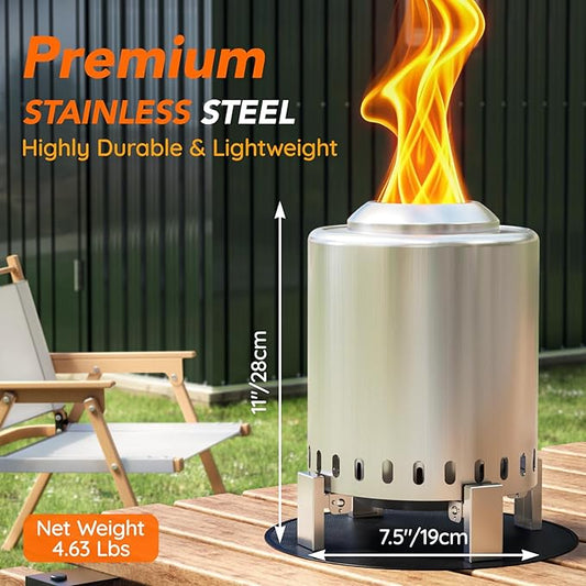 Mini Smokeless Tabletop Fire Pit with Pan Stand, Portable Stainless Steel Firepit Stove for Camping, Burns Pellets or Wood, Includes Travel Bag, Silver
