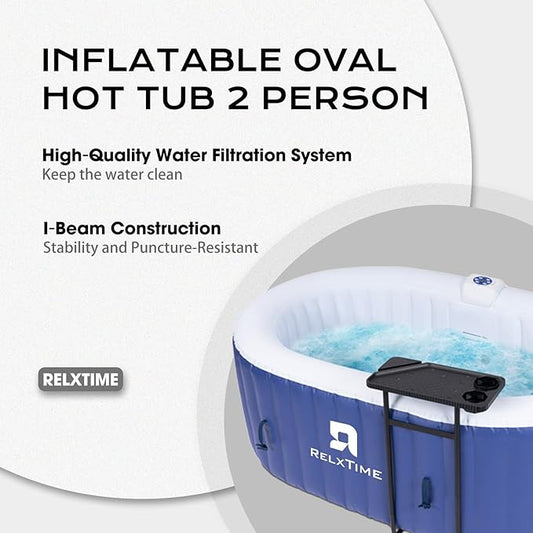 Inflatable 2 Person Hot Tub Outdoor, 100 Air Jets Portable Oval Spa with Built in Heater Pump, Blow Up Hottub for Relaxation, Table Tray, 2 Filters, Blue
