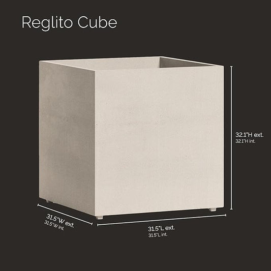 Reglito Cube Planter – Fiberglass Indoor/Outdoor and Weather-Resistant Large Planter (Sand Stone, 31.5" L x 31.5" W x 32.1" H)