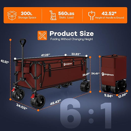 48" L Collapsible Wagon Cart Foldable, 560lbs Weight Capacity 300L Heavy Duty Folding Beach Wagons with Big All-Terrain Wheels, Utility Carts for Groceries, Shopping, Camping, Sports-red