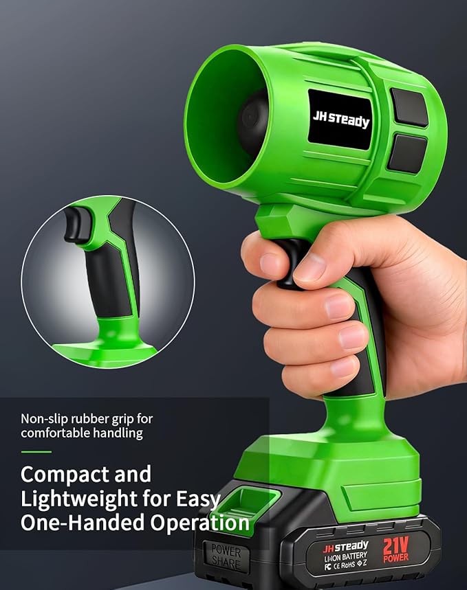 JH Steady 21V Cordless Handheld Leaf Blower - Variable Speed, 30000RPM Powerful Handheld Blower with Rechargeable Battery, Protective Gear for Home, Backyard, Driveway & Snow Removal