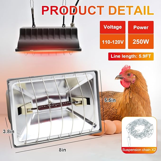 Chicken Coop Heater Lamp 250W Winter Hanging Heat Lamp for Chickens Incubators Temperature Adjustable Chicken Brooder Heating Lamp Chicken Heaters for Dog Kennel Poultry House