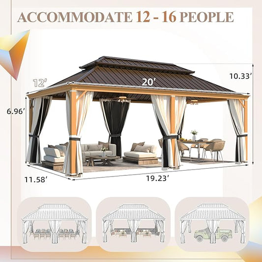 YOLENY 12'x20' Hardtop Gazebo, Wood Grain Aluminum Frame Pergola with Galvanized Steel Roof, Outdoor Metal Gazebos with Curtains and Nettings for Patio, Backyard, Deck and Lawns