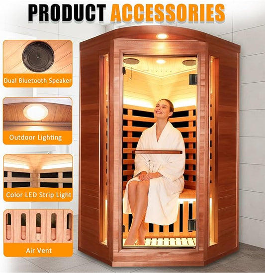 RIGO Pentagonal Single-Person Infrared Sauna Room – 1300W far-Infrared Heating, Made of Okoume Wood, Home Sauna, Equipped with Colorful LED Lighting and Bluetooth Speaker, 37.4 * 37.4 * 71 inches