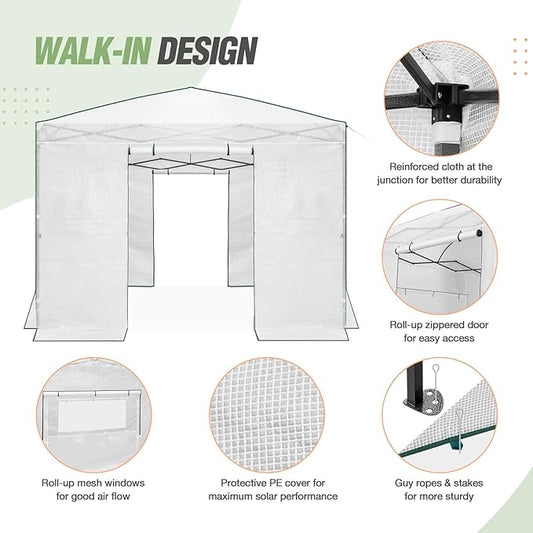 EAGLE PEAK Instant Pop-up Greenhouse, Indoor Outdoor Plant Gardening Green House, Roll-Up Zipper Doors and Side Windows, Walk in 10x10 ft, White/Clear