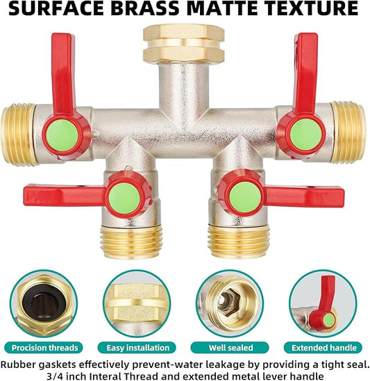 Hose Splitter 4 Way, High Flow Garden Hose Splitter, 3/4” Ght Inlet Brass Heavy Duty Hose Converter, Full Flow water 4 Way Faucet hose splitter, Long Handle Hose Valve Large Outlet.