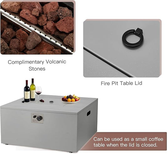 ECOTOUGE 32" Square Propane Fire Pit Table, 50,000 BTU Outdoor Gas Fire Pit with Lid, Steel Fireplace w/Weather-Resistant Pit Cover, Lava Rocks for Patio, CSA Certified, Grey