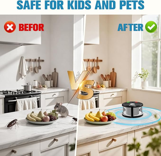 Ultrasonic Mouse Repellent Indoor, Electronic Rodent Repeller Plug-in, 360° Ultrasonic Electric Impulse Pest Control Device for Mice Rat Squirrel Roach Spider Ant Bug Bat,Family & Pet Safe