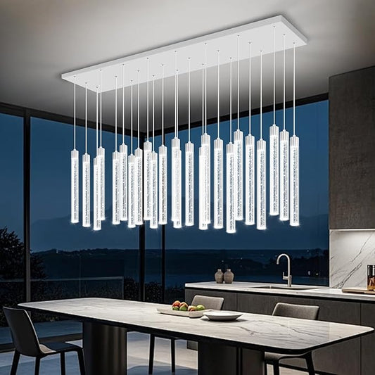 24-Lights Silver Modern Rectangular Crystal Chandeliers LED Dimmable Pendant Light for Kitchen Island Dining Room Entrance Foyer Living Room Adjustable Height
