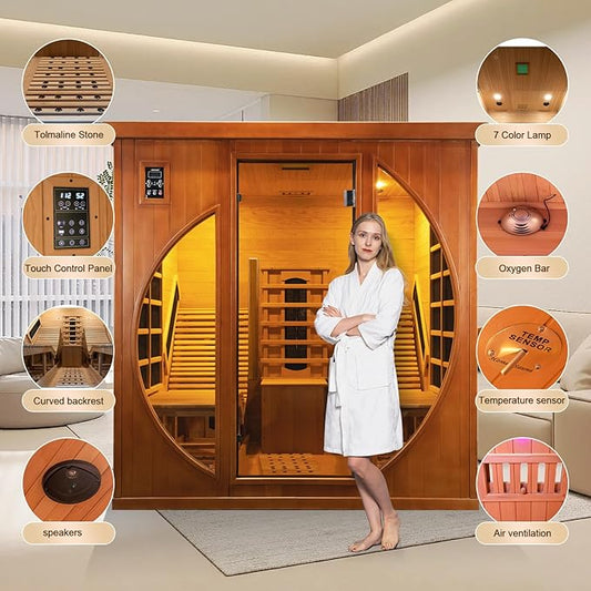 Smartmak Far Infrared 2 Person Recliner Sauna Room, Indoor Traditional Sauna Room, 10 Heating Panels, 7 Color Light, Oxygen Bar, Bluetooth Speaker (220V, 3400W) (Cedar, 2person)