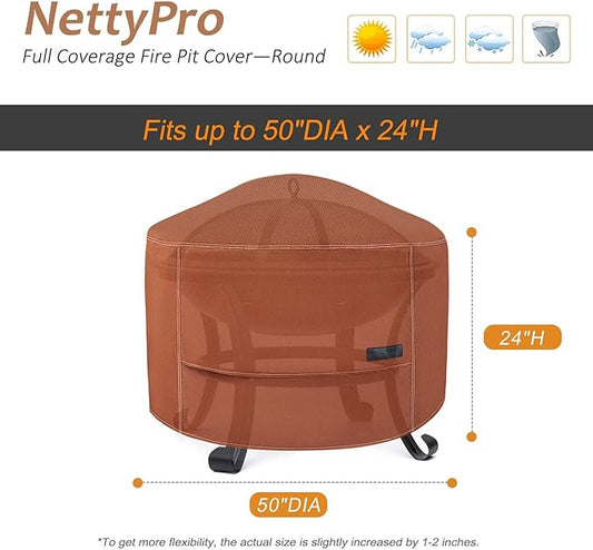 NettyPro Fire Pit Cover Round Waterproof Outdoor Firepit Cover for Gas Propane Fire Pit Table, 50 x 24 inch, Brown