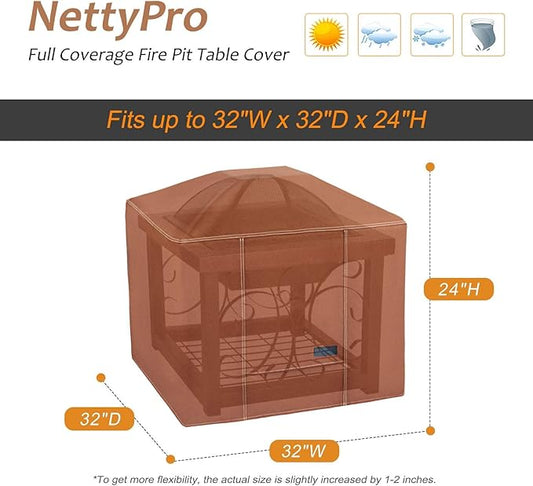 NettyPro Fire Pit Cover Square Waterproof Outdoor Firepit Cover for Gas Propane Fire Pit Table, 32 x 32 x 24 inch, Brown