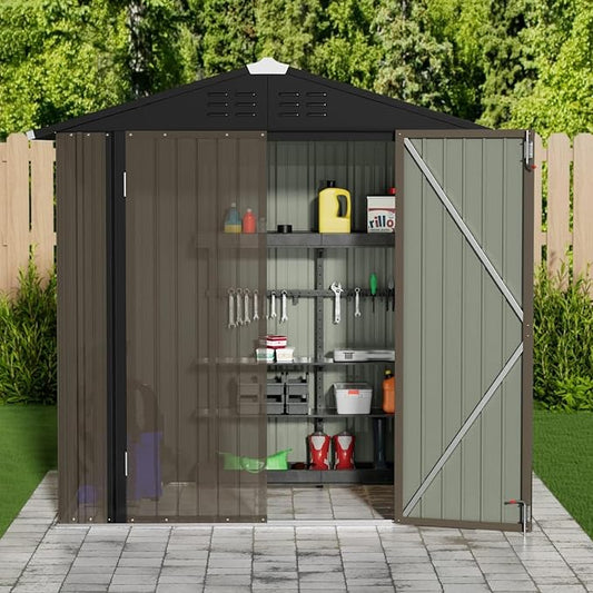JUMMICO Metal Outdoor Storage Shed 6 x 8 FT Metal Shed with Lockable Door,Waterproof Garden Tool Shed Storage House for Backyard Patio Lawn,Brown