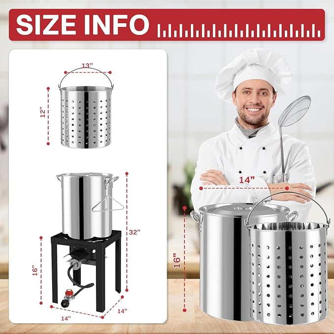 40QT Stainless Steel Turkey Fryer | Outdoor Fryer | Seafood Boil Pot | Cover & Skimmer Included | 50,000BTU Propane Burner | Deep Fryer Pot with Basket | Crab, Seafood & Crawfish Boiler