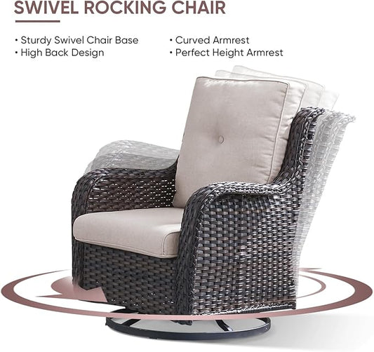 4 Piece Patio Furniture-All-Weather PE Wicker Outdoor Patio Furniture with Swivel Rocker Chairs,Outdoor Couch, Set with Coffee Table-Brown/Beige