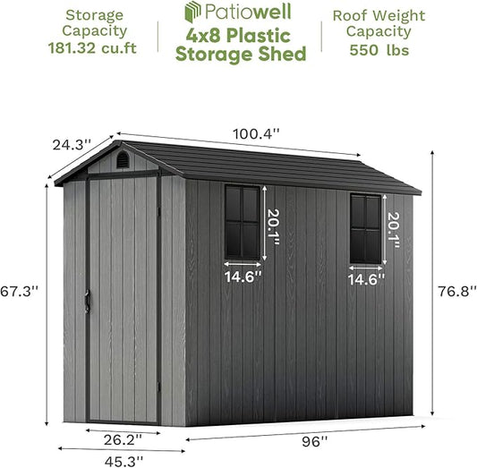 Patiowell 4 x 8 FT Plastic Outdoor Storage Shed with Floor, Garden Tool Shed with Two Windows and Single Lockable Door for Garden, Backyard, Lawn, Easy to Install (Deep Grey) (Fit-it Shed)