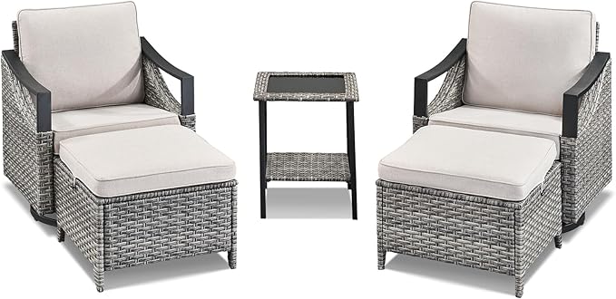 5 Pieces Patio Furniture Set - High Back Outdoor Swivel Rocker Chairs with Thick Cushions 2 Ottoman and Side Table, Wicker Patio Conversation Sets for Porch Deck Garden Backyard Gray/Beige
