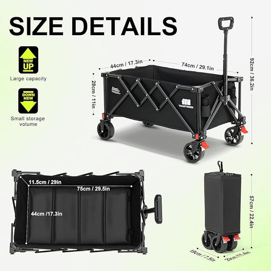 Collapsible Wagon with Wheels,Wagons Carts Foldable Wagon Cart with Flexible Handle, Lightweight Portable Folding Utility Grocery Shopping Cart for Grocery Sports Garden Camping(Black)