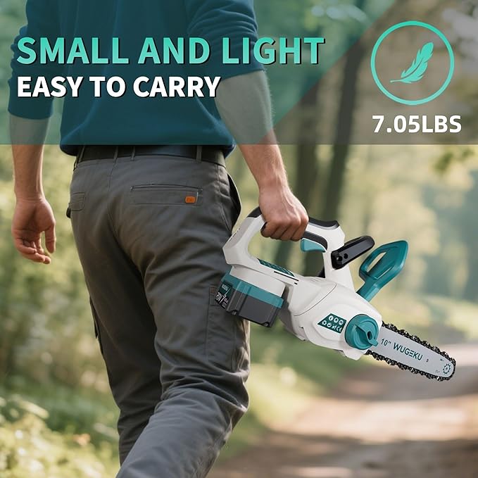 Wugeku 12" & 10" Electric Chainsaw Cordless, 20V Brushless Battery Chainsaws with 2 x 4.0AH Batteries - 4 x Chains, Auto Oiler, Tool-Free Chain Tension, Safety Lock