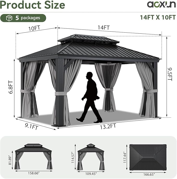 Aoxun 10' X 14' Hardtop Gazebo with Drainage System, Aluminum Outdoor Gazebo with Galvanized Steel Double Roof, Patio Permanent Metal Pavilion with Netting, for Garden, Deck, Grey