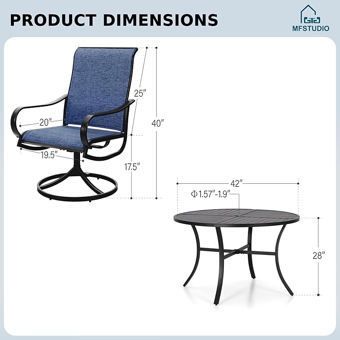 MFSTUDIO Outdoor Dining Set for 4,Round Patio Table and Chairs Set with Umbrella Hole, 5 Piece Patio Furniture Set for Deck, Backyard, Poolside & Garden