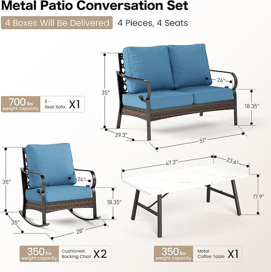 4 Piece Metal Outdoor Patio Furniture Sets, Patio Conversation Sets with 5.75" Thick Cushion, Patio Loveseat and Rocking Chair wth Coffee Table, Balck Backyard Furniture, Denim Blue