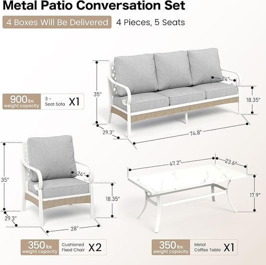 4 Piece Metal Outdoor Patio Furniture Set, Patio Conversation Sets 1 3-Seater Sofa, 2 Single Sofa with 5.75" Extra Thick Cushion and Coffee Table, White Frame Backyard Furniture, Gray