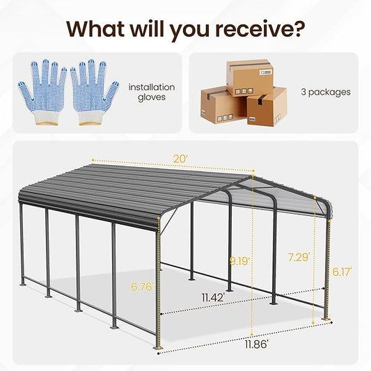 12' x 20' Carport, Heavy Duty Carport with Updated Roof & Enhanced Base, All Weather Steel Car Port, Multi-Use Car Port Garage, Metal Carports for Car, Truck, Boat, Tractors, Party, Grey