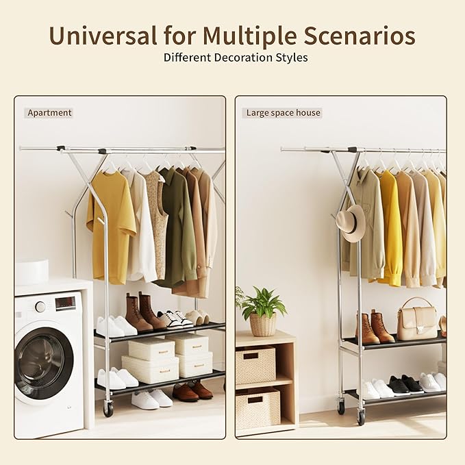 Heavy Duty Clothes Rack,Double Rods Clothing Rack for Hanging Clothes,Rolling Clothing Racks with Wheels,Metal Garment Rack for Bedroom Laundry Living Room,Light Silver