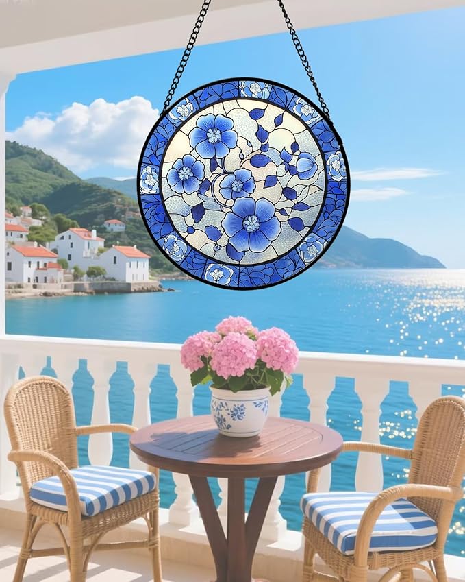 AMDERVEN Stained Glass Window Hanging, Blue and White Plum Blossom Sun Catcher for Door Home Decor Flowers Suncatcher Christmas Mother's Day Birthday Gifts for Women Men Mom and Nana 9.8 in