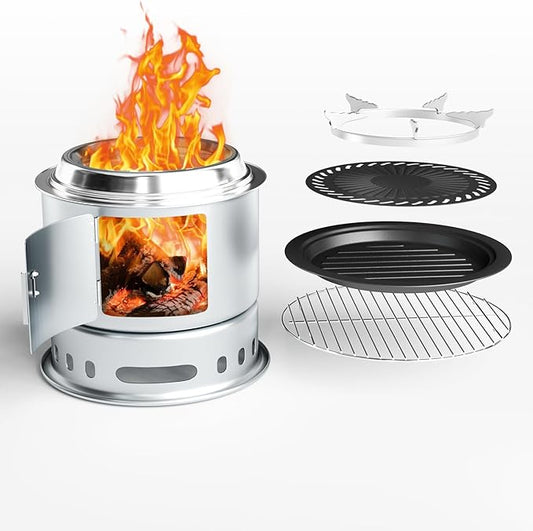 5-in-1 Portable Outdoor Fire Pit with Grill Plate & Cooking Grate – 11.5” Smokeless Wood-Burning Design for Camping, Patio Bonfire, Includes Carry Bag & Pot Stand