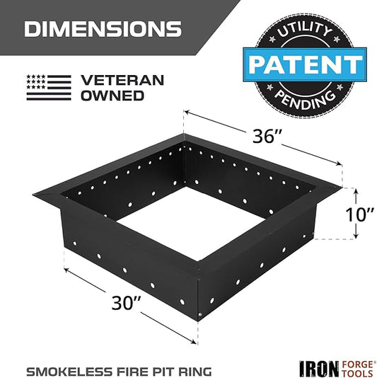 Iron Forge Tools Square Fire Pit Ring 36 Inch Outer/30 Inch Inner - Outdoor Heavy Duty Metal Smokeless Fire Ring Insert Liner - Patent Pending (36x30x10)