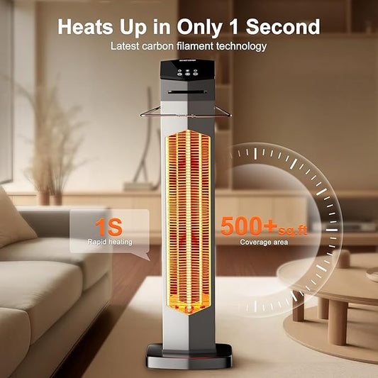 AKIRES 37IN Outdoor Electric Patio Heater,Portable Infrared Heaters With Remote,IP54 Waterproof Tower Space Heater,12H Timer,Large Room Heater for Garage Backyard Porch Balcony Shop Patio,Silver