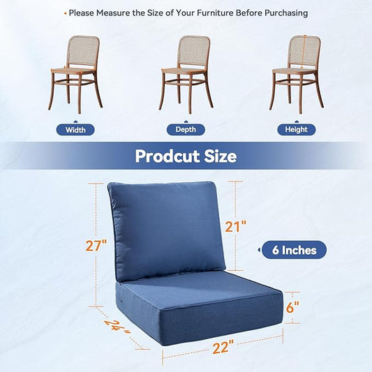 6" Thick Outdoor Cushions 22x24x6, 6-Set Deep Seat Patio Cushions with Removable Cover, Waterproof & Fade Resistant Replacement for Wicker Chair, Loveseat, Sofa - Blue
