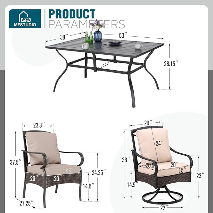 MFSTUDIO Outdoor Table and Chairs for 6, 7 Piece Heavy Duty Outdoor Dining, Metal Rectangular Table & Swivel & Fixed Chairs, All Weather Patio Dining Furniture for Deck, Backyard