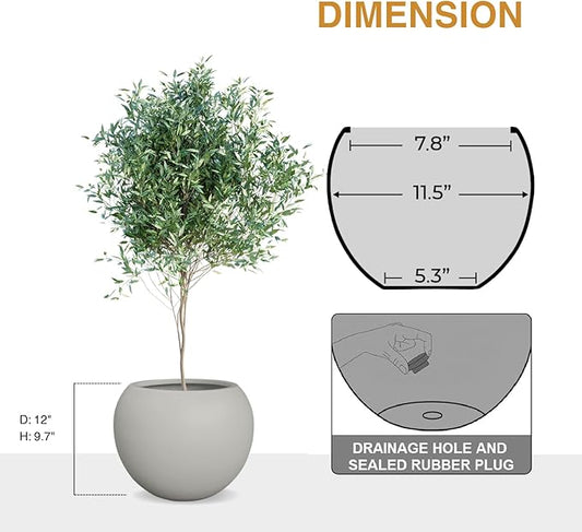 9.7"H x 12"D Globo Fiberstone Round Planter - Christmas Tree Planter, Smooth Finishes, Weather Resistant for Indoor & Outdoor Use, Included 2 Extra Coco Mats (Light Gray, 7.8" Pot Opening)
