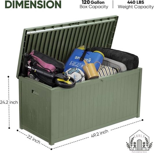 120 Gallon Outdoor Storage Box, Lockable Outside Storage Box Waterproof, Patio Cushions Deck Storage Boxes, Rattan Plastic Garden Hose Containers Resin Pool Storage Bins with lids, Sage Green