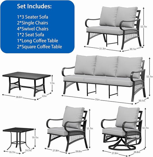 11 Piece Patio Furniture Set, 4 Single Swivel Chairs, Rope Braided Exposed with Thick Cushions, Outdoor All Weather Patio Conversation Sectional Sofa Set for Garden, Porch, Lawn, Grey