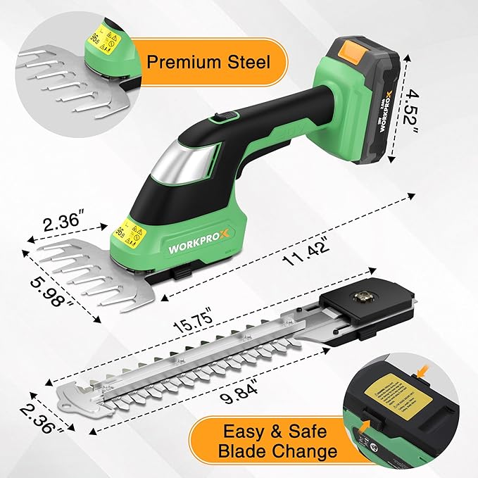 WORKPROX 20V Cordless Grass Shear & Shrubbery Trimmer - 2-in-1 Handheld Electric Grass Trimmer Hedge Shears/Grass Cutter, Rechargeable Lithium-Ion Battery and Type-C Cable Included