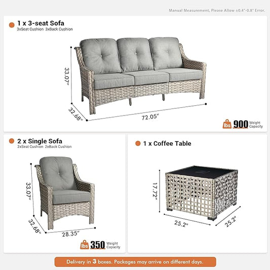 4 Pieces Patio Outdoor Furniture Set,All Weather Wicker Rattan Patio Seating Sofa and Chair Set w/ 3-Seater Sofa and Glowing Coffee Table,Outdoor Conversation Sets for Deck Yard Garden,Dark Grey