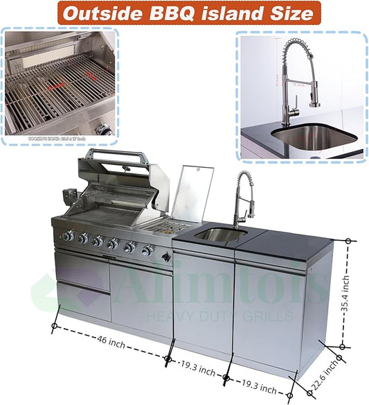 BBQ Island Outdoor Kitchen: 84-Inch 4-Burner 72000 BTU Modular Outdoor Kitchen with Grill + Sink + Storage Cabinet & Rotisserie Kit - BBQ Grill Islands Built-in Combo