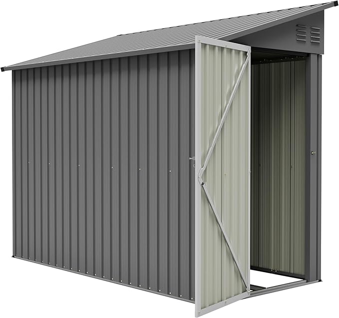 4×8 FT Lean to Metal Shed,Outdoor Heavy-Duty Storage Shed with Floor Base,All Weather Waterproof Garden Tool House W/Lockable Door&2 Air Vents,Reversible Door Design,for Backyard,Patio,Lawn,Gray