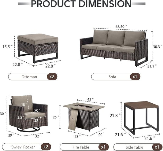 7 Piece Wicker Patio Furniture with Fire Pit Table - Outdoor Conversation Set with 50,000 BTU Fire Pit, All Weather Rattan Patio Set for Deck Backyard Garden - Brown Wicker Grey Cushion