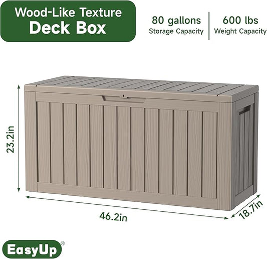 EasyUp 80 Gallon Outdoor Storage Box Waterproof, UV Resistant Resin Deck Box with Hydraulic Rod, Reinforced Stability for Patio, Garden, Striped Gray