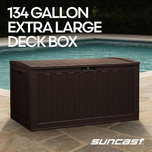 Suncast 134-Gal. Waterproof Resin Extra-Large Outdoor Patio Deck Box with Pad-Lockable Lid, Modern Outdoor Patio Bench/Storage Box for Cushions, Garden Tools, and More, Java