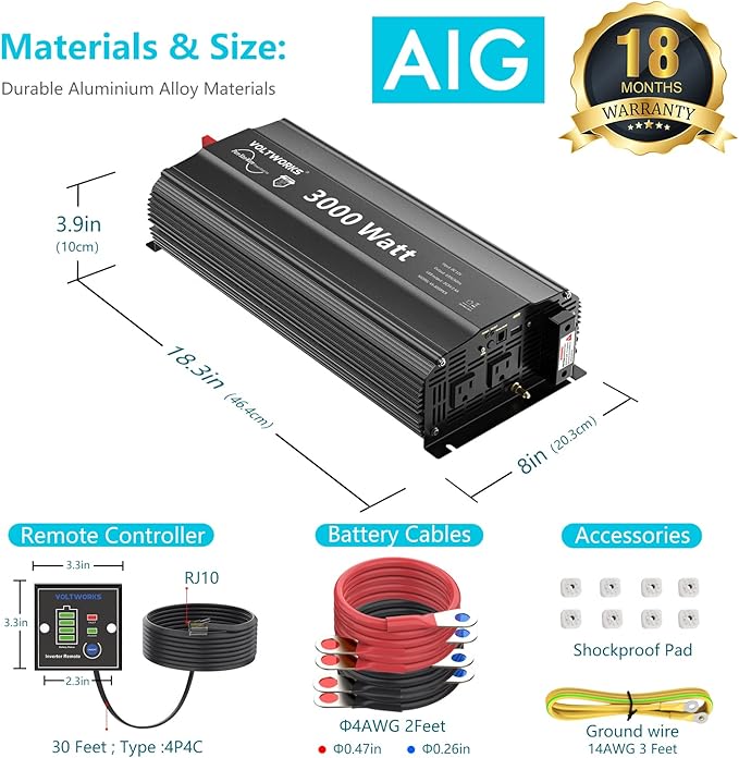 3000 Watt Pure Sine Wave Inverter 12V DC to 110V 120V AC with UL Fuses 3000W Power Inverter for Home RV Truck Off-Grid Solar with AC Hardwire 30A Compatible with Lithium Battery VOLTWORKS